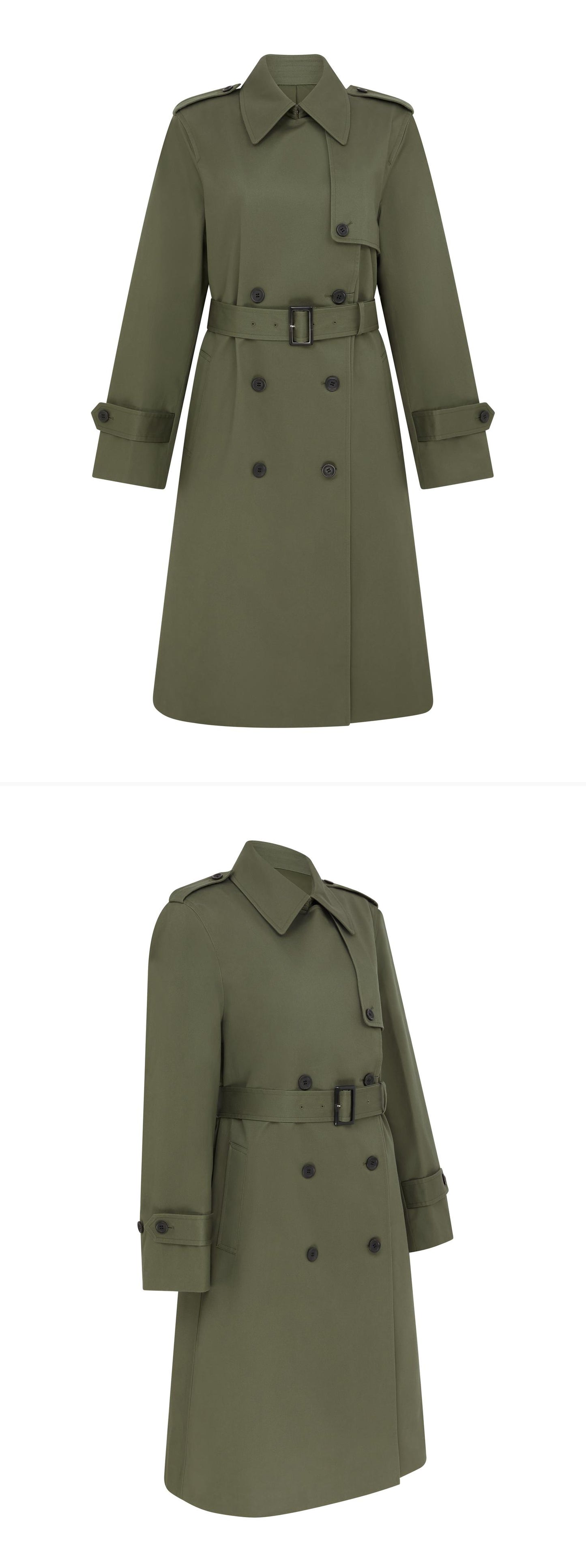 OLIVE_TRENCH_COAT - Mannequin - 2 x Shots - Front + Angle