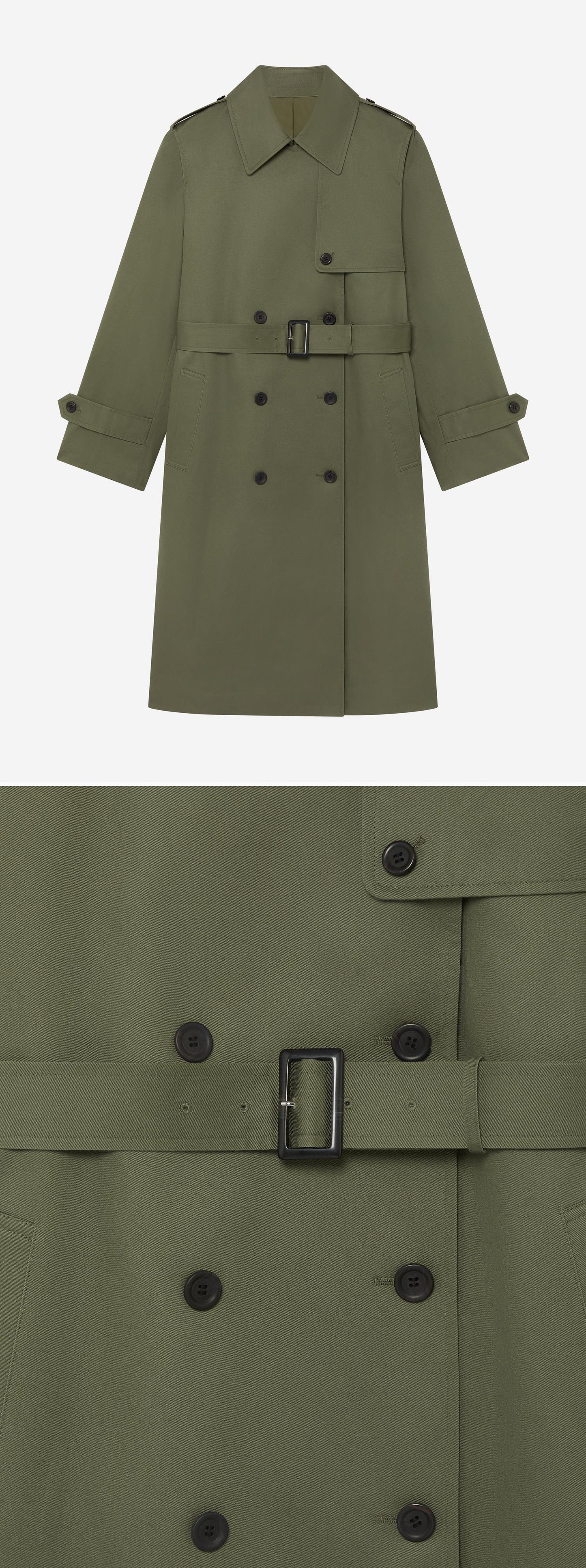 OLIVE_TRENCH_COAT - Hanging - 2 x Shots - Front + Detail B