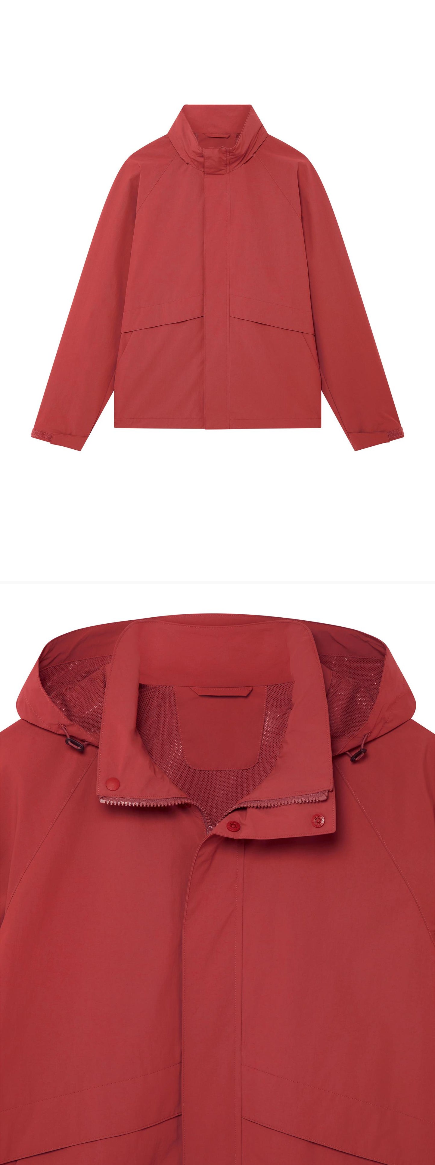 RED_HIGHNECK_JACKET - Hanging - 2 x Shots - Front + Detail B