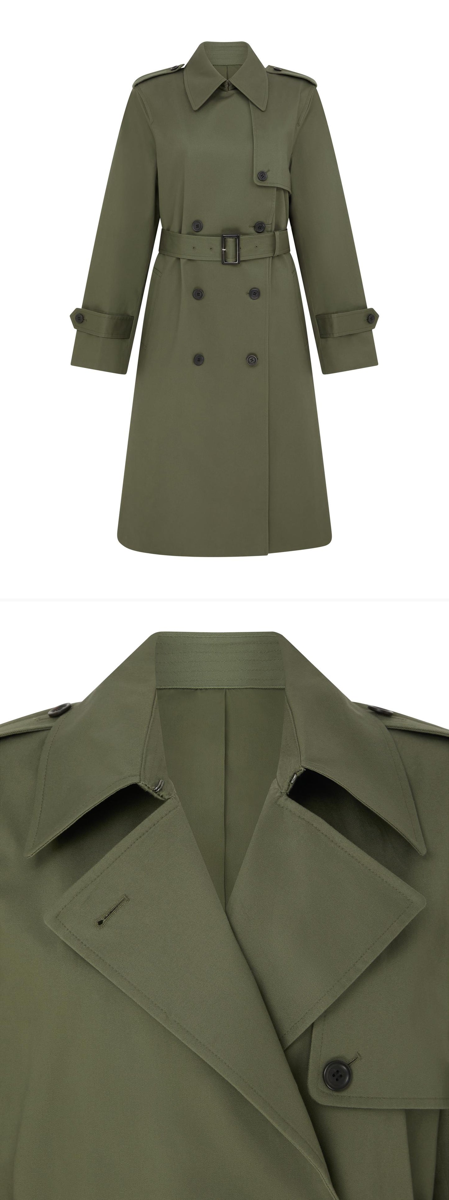 OLIVE_TRENCH_COAT - Mannequin - 2 x Shots - Front + Detail A