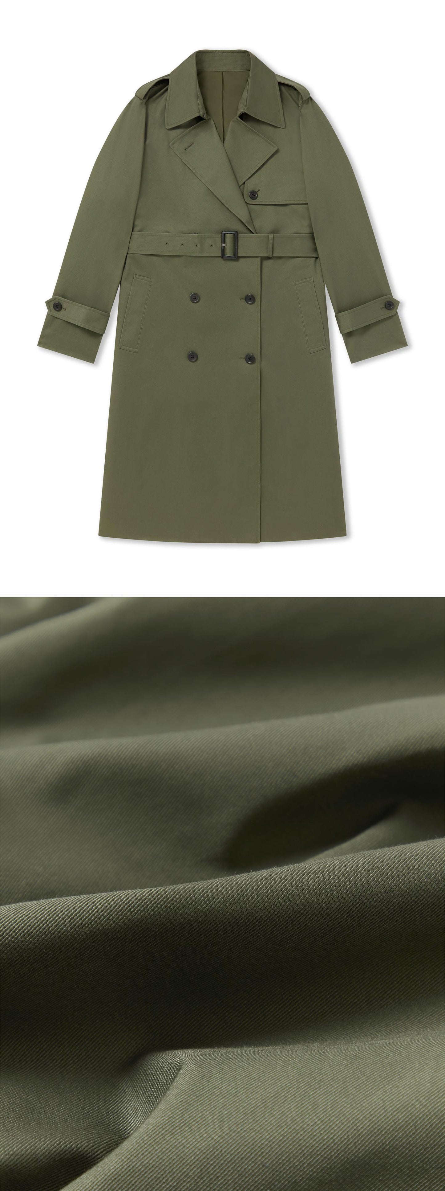 OLIVE_TRENCH_COAT - Flat Lay - 2 x Shots - Front + Detail C