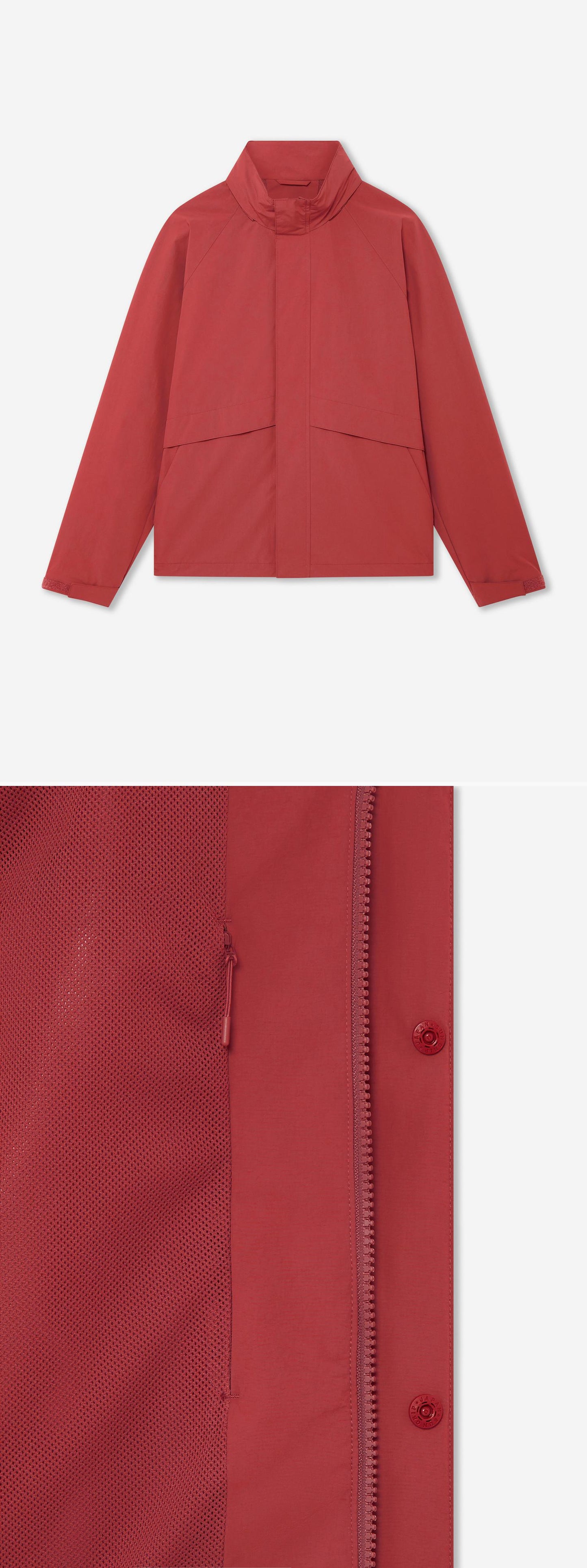 RED_HIGHNECK_JACKET - Hanging - 2 x Shots - Front + Detail C