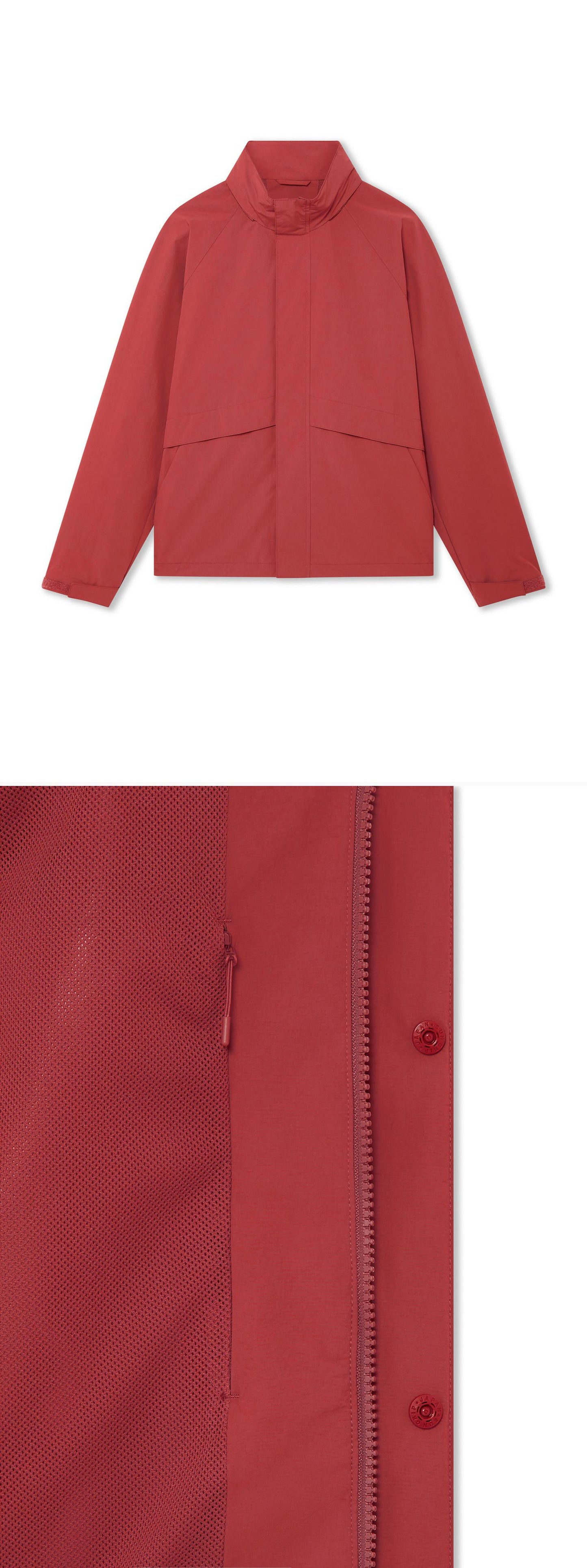 RED_HIGHNECK_JACKET - Hanging - 2 x Shots - Front + Detail C