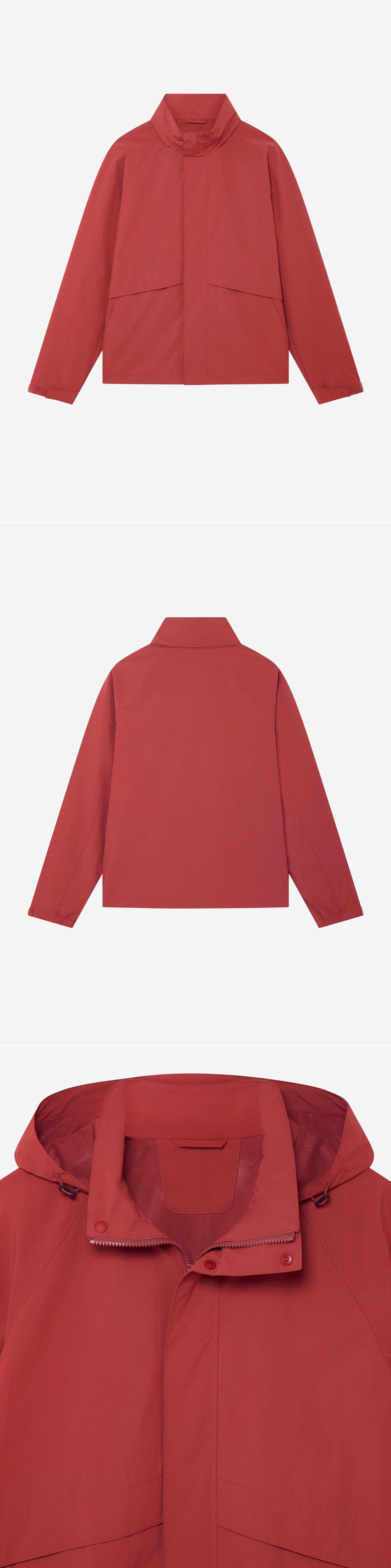 RED_HIGHNECK_JACKET - Hanging - 3 x Shots - Front + Back + Detail B