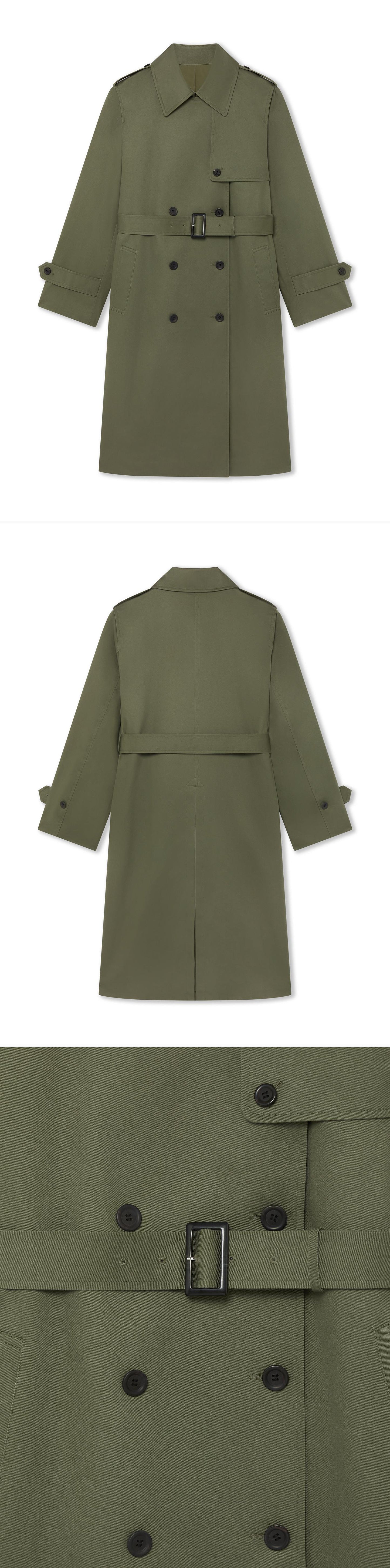 OLIVE_TRENCH_COAT - Hanging - 3 x Shots - Front + Back + Detail B