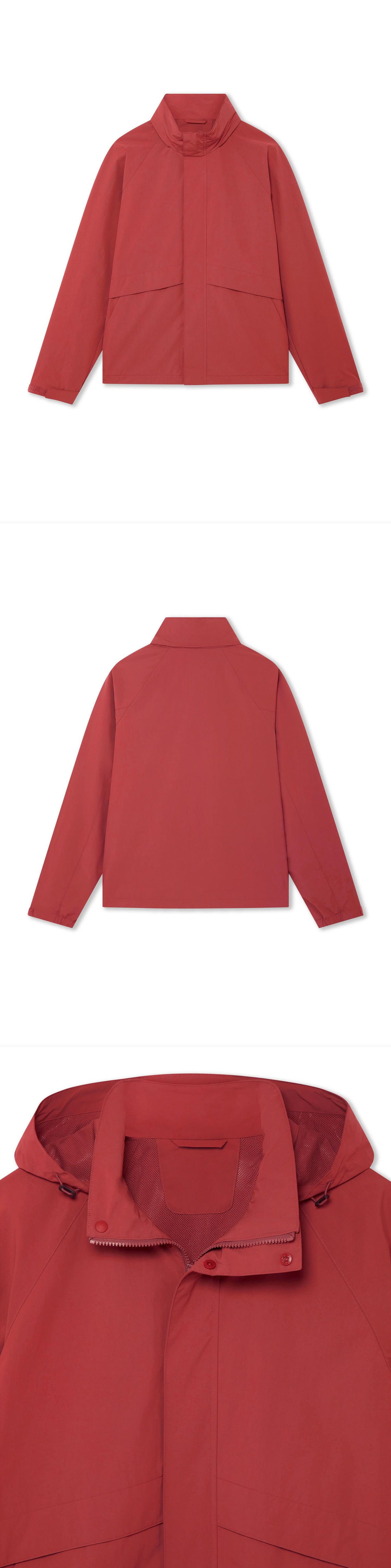 RED_HIGHNECK_JACKET - Hanging - 3 x Shots - Front + Back + Detail B