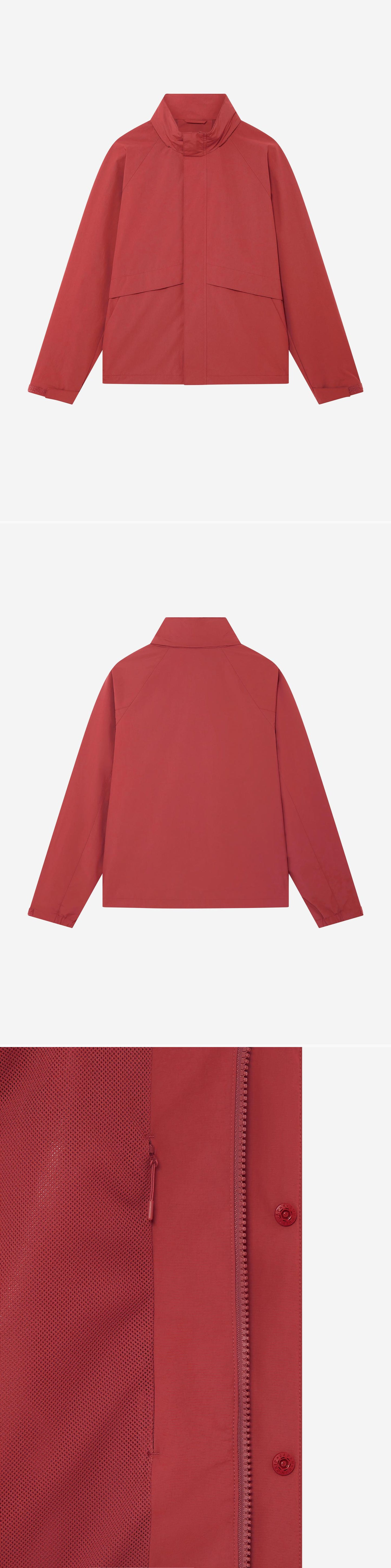 RED_HIGHNECK_JACKET - Hanging - 3 x Shots - Front + Back + Detail C