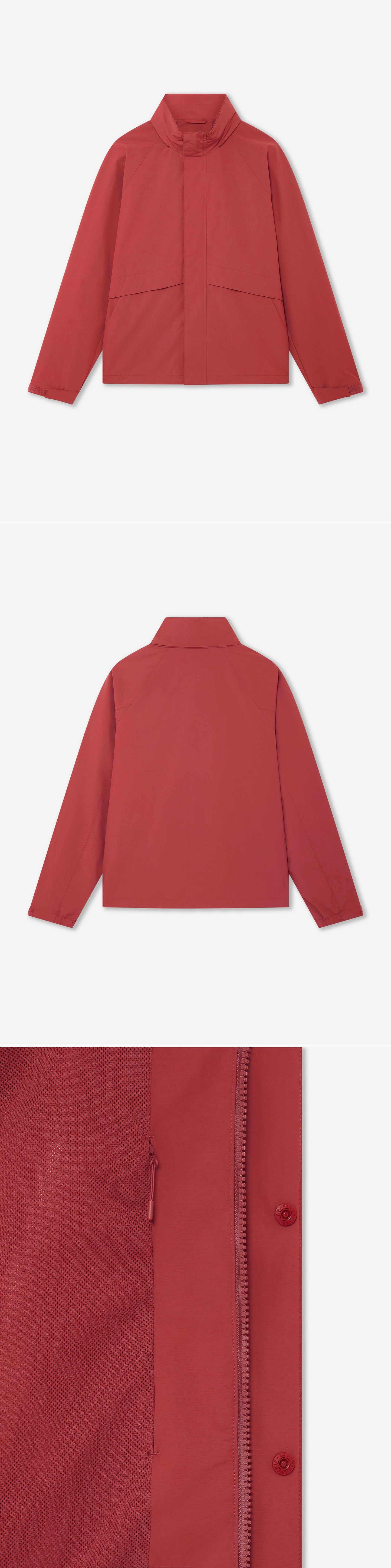 RED_HIGHNECK_JACKET - Hanging - 3 x Shots - Front + Back + Detail C