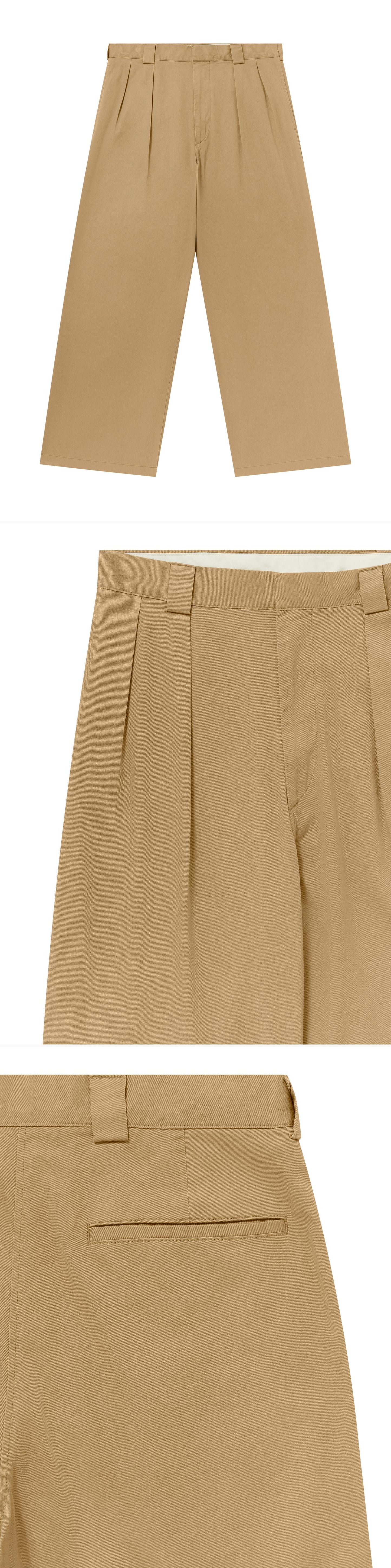 TAN_WIDELEG_TROUSER - Flat Lay - 3 x Shots - Front + Detail A + Detail B