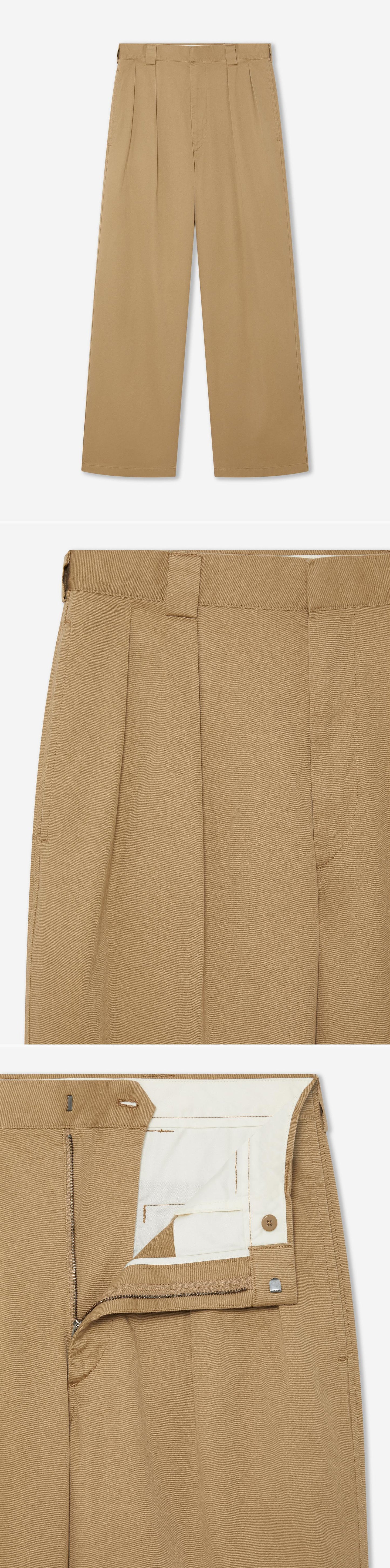 TAN_WIDELEG_TROUSER - Hanging - 3 x Shots - Front + Detail A + Detail B