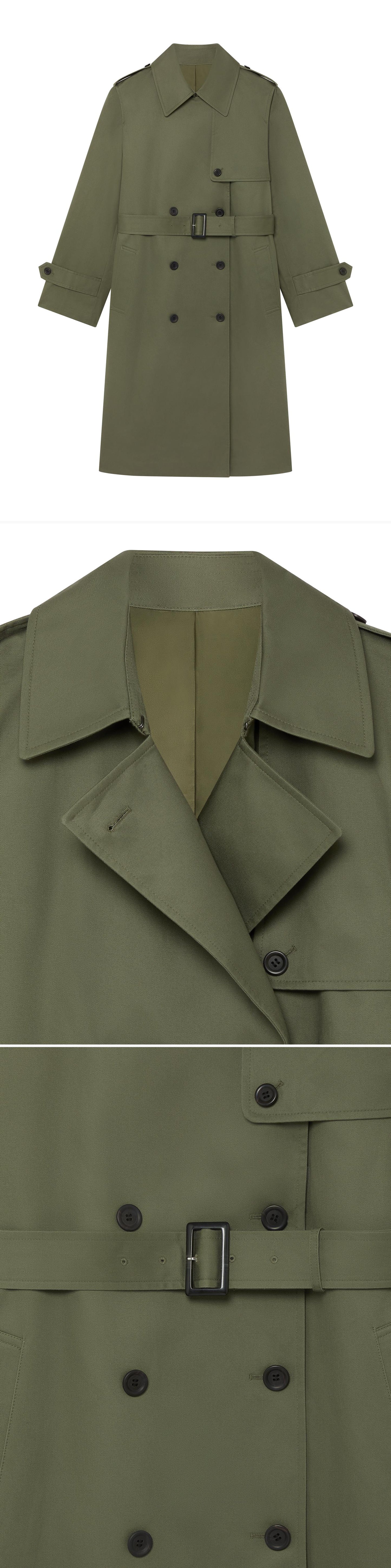 OLIVE_TRENCH_COAT - Hanging - 3 x Shots - Front + Detail A + Detail B
