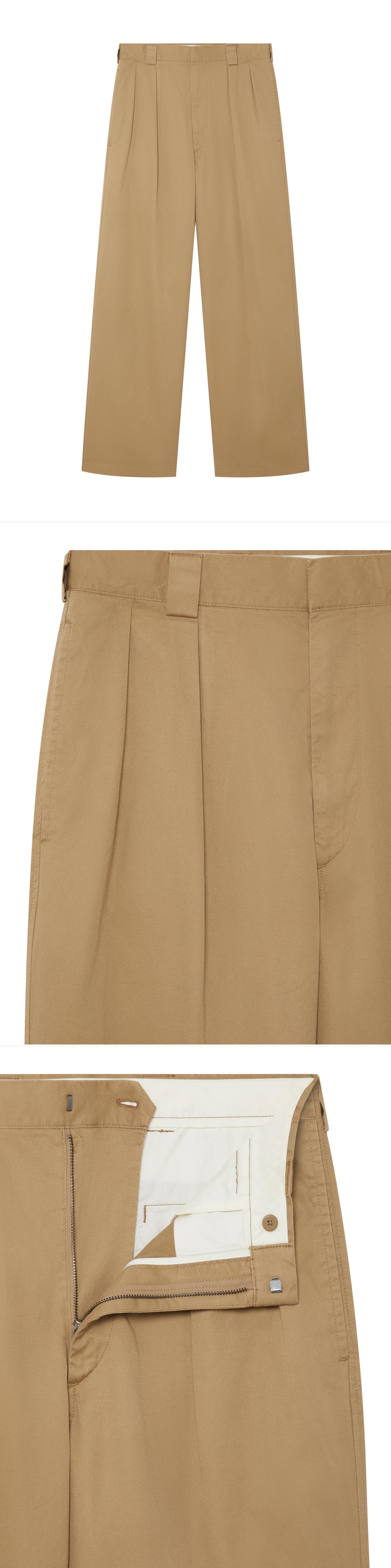 TAN_WIDELEG_TROUSER - Hanging - 3 x Shots - Front + Detail A + Detail B