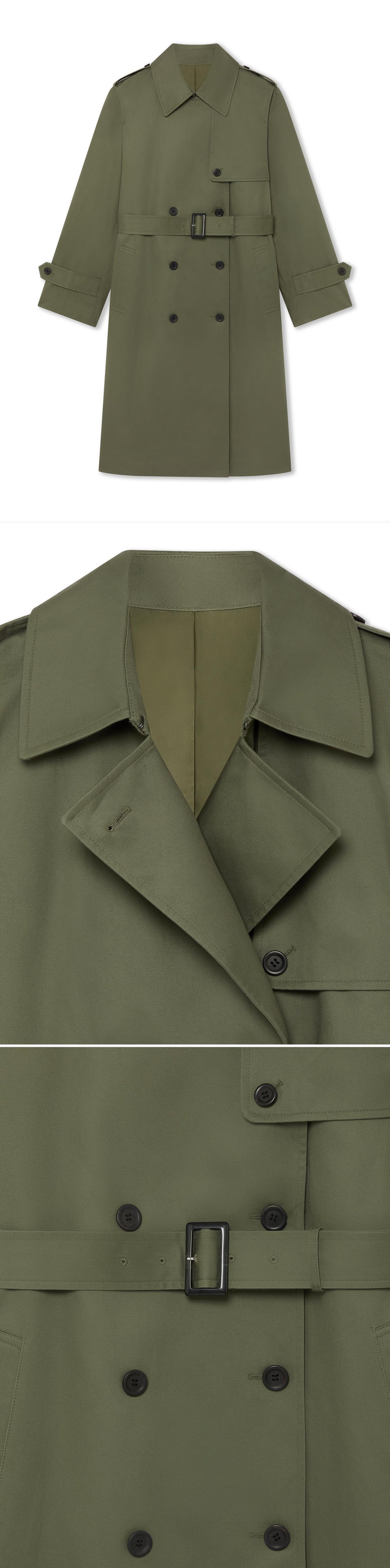OLIVE_TRENCH_COAT - Hanging - 3 x Shots - Front + Detail A + Detail B