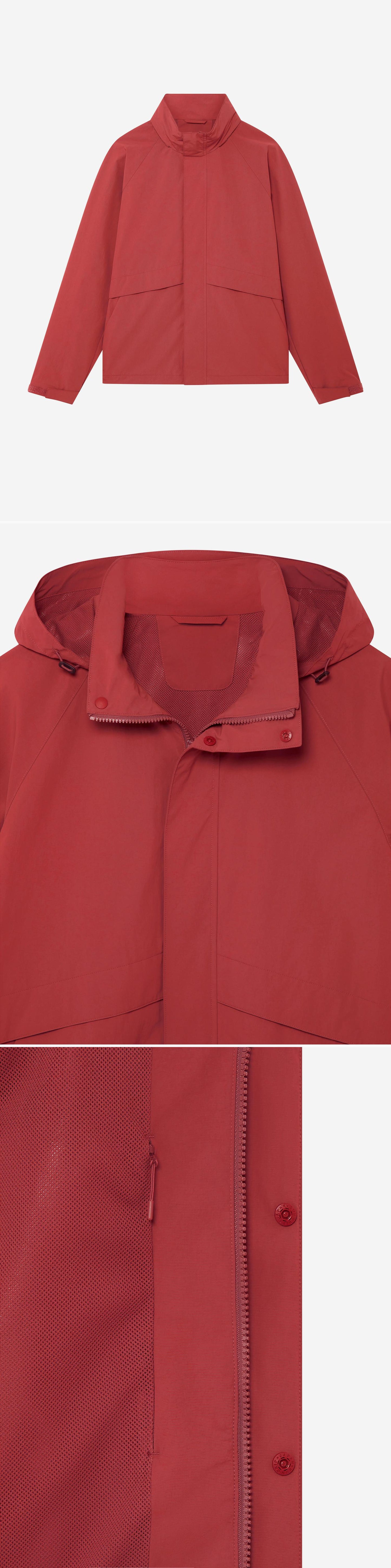 RED_HIGHNECK_JACKET - Hanging - 3 x Shots - Front + Detail B + Detail C