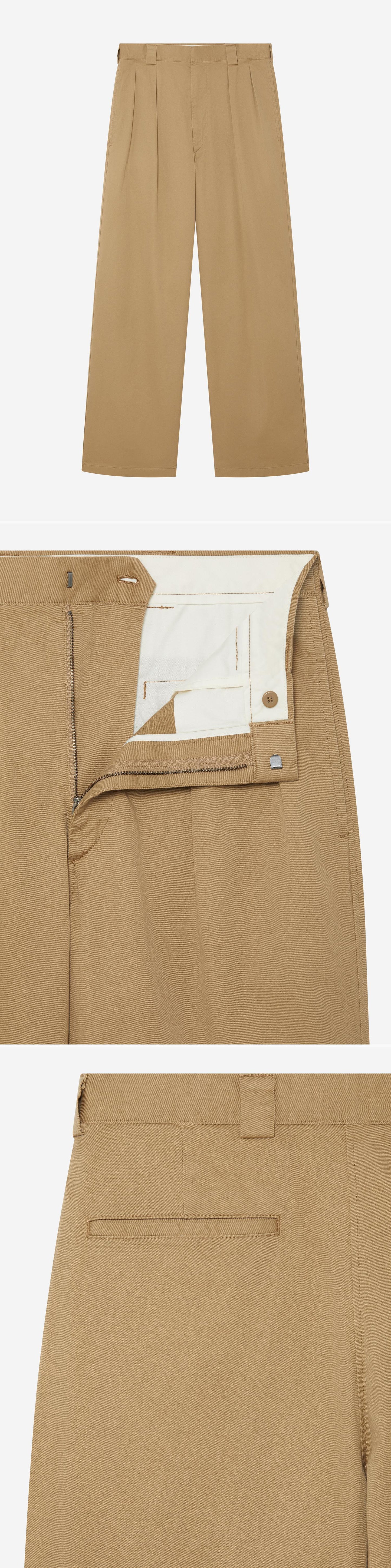 TAN_WIDELEG_TROUSER - Hanging - 3 x Shots - Front + Detail B + Detail C