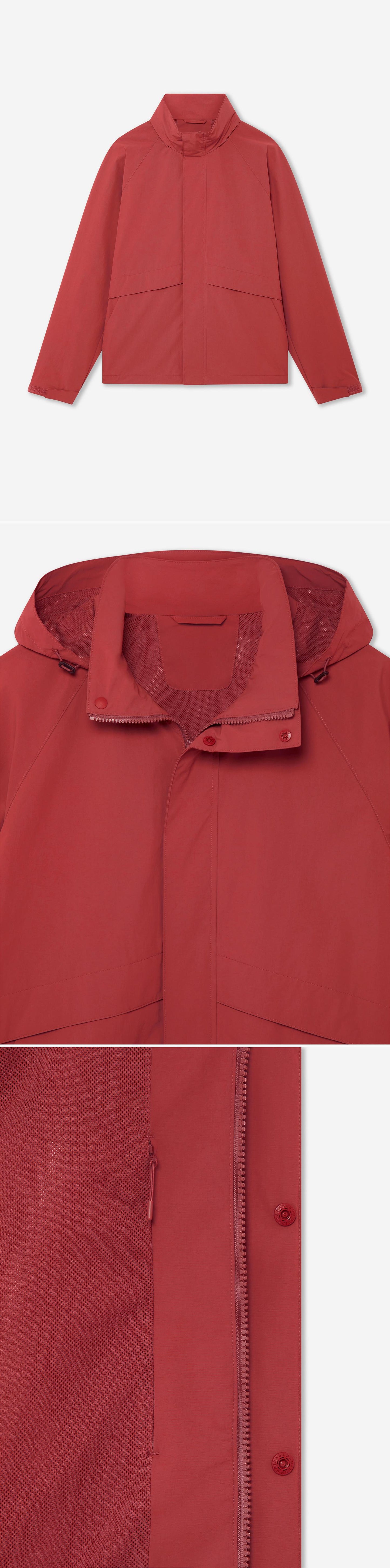 RED_HIGHNECK_JACKET - Hanging - 3 x Shots - Front + Detail B + Detail C