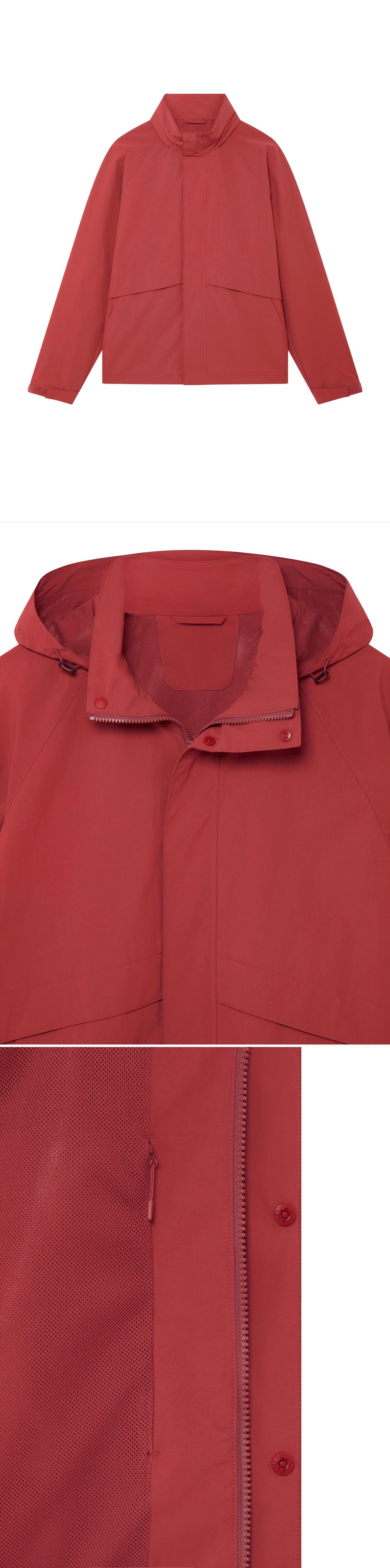 RED_HIGHNECK_JACKET - Hanging - 3 x Shots - Front + Detail B + Detail C