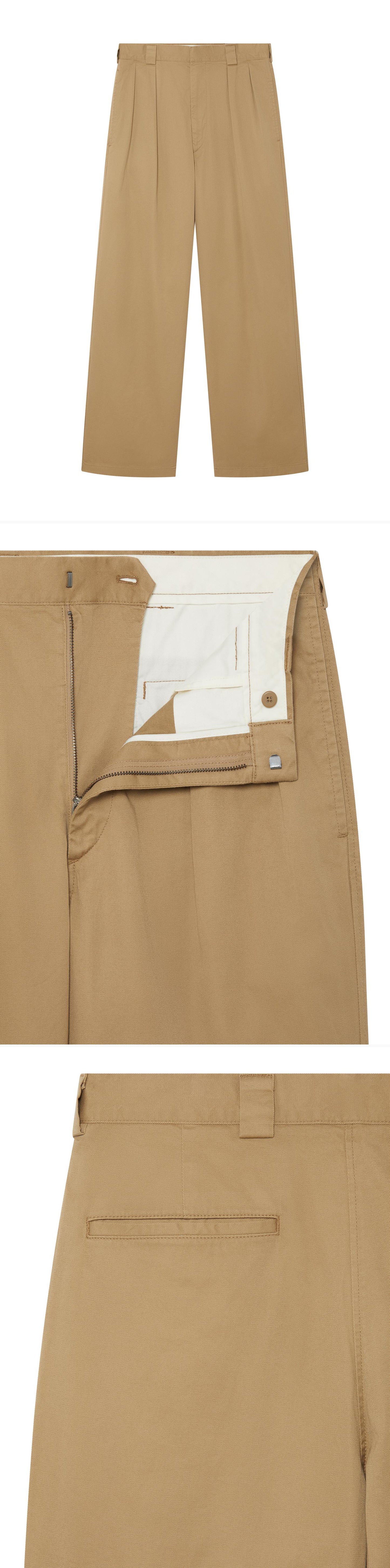 TAN_WIDELEG_TROUSER - Hanging - 3 x Shots - Front + Detail B + Detail C