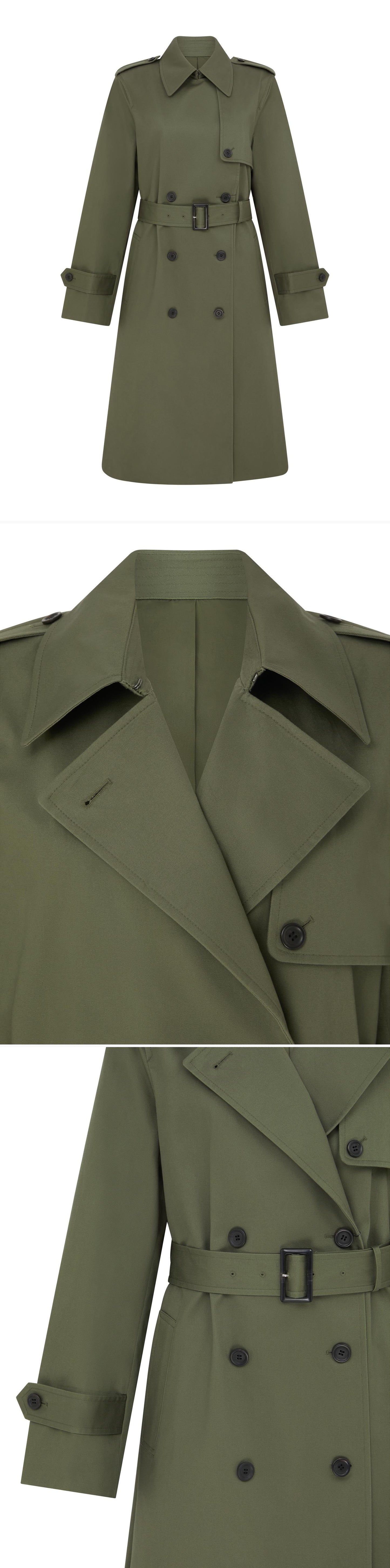 OLIVE_TRENCH_COAT - Mannequin - 3 x Shots - Front + Detail A + Detail B