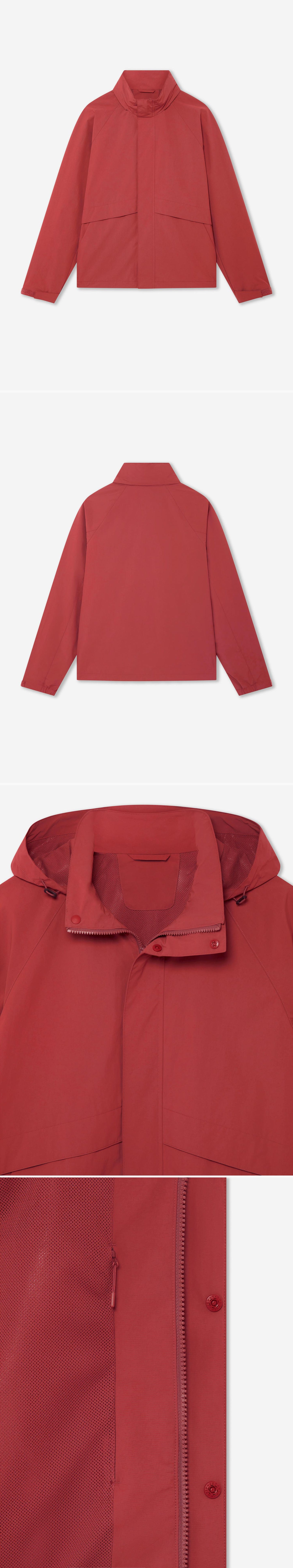 RED_HIGHNECK_JACKET - Hanging - 4 x Shots - Front + Back + Detail B + Detail C