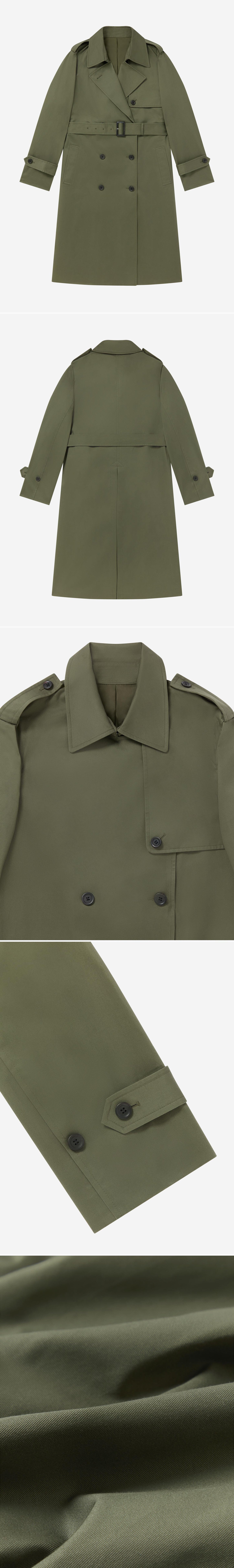 OLIVE_TRENCH_COAT - Flat Lay - 5 x Shots - Front + Back + Detail A + Detail B + Detail C