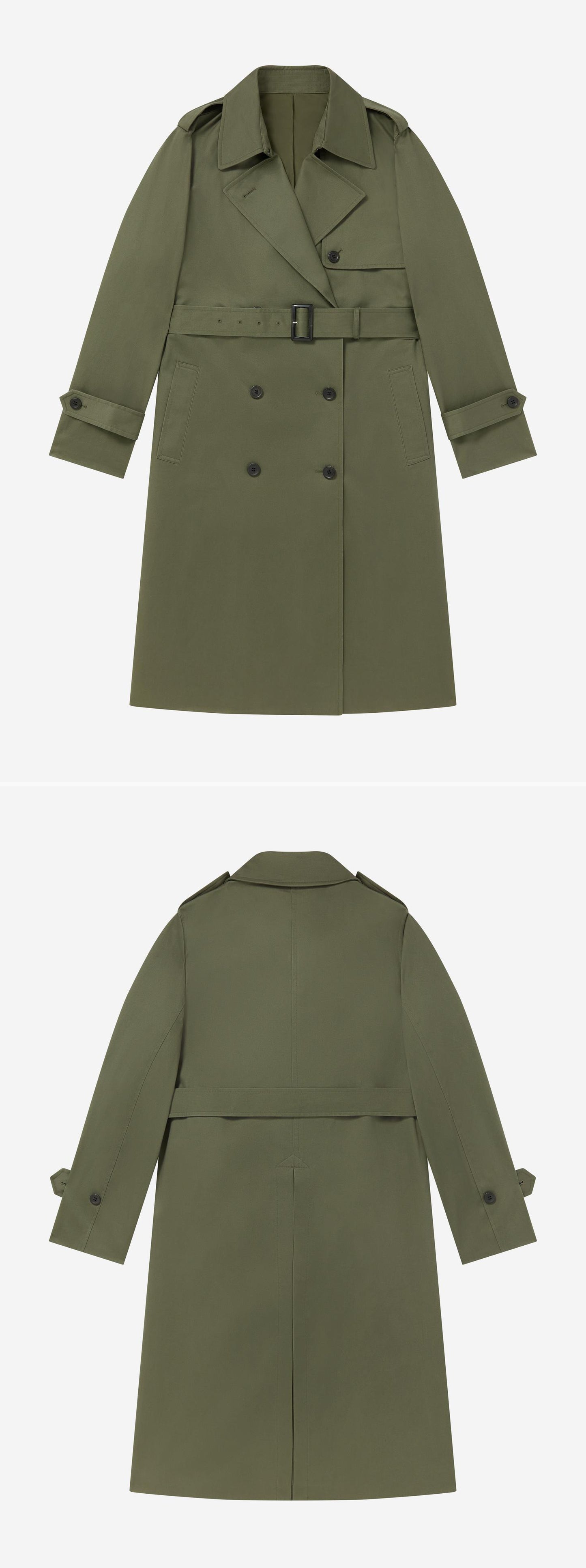 OLIVE_TRENCH_COAT - Flat Lay - 2 x Shots - Front + Back