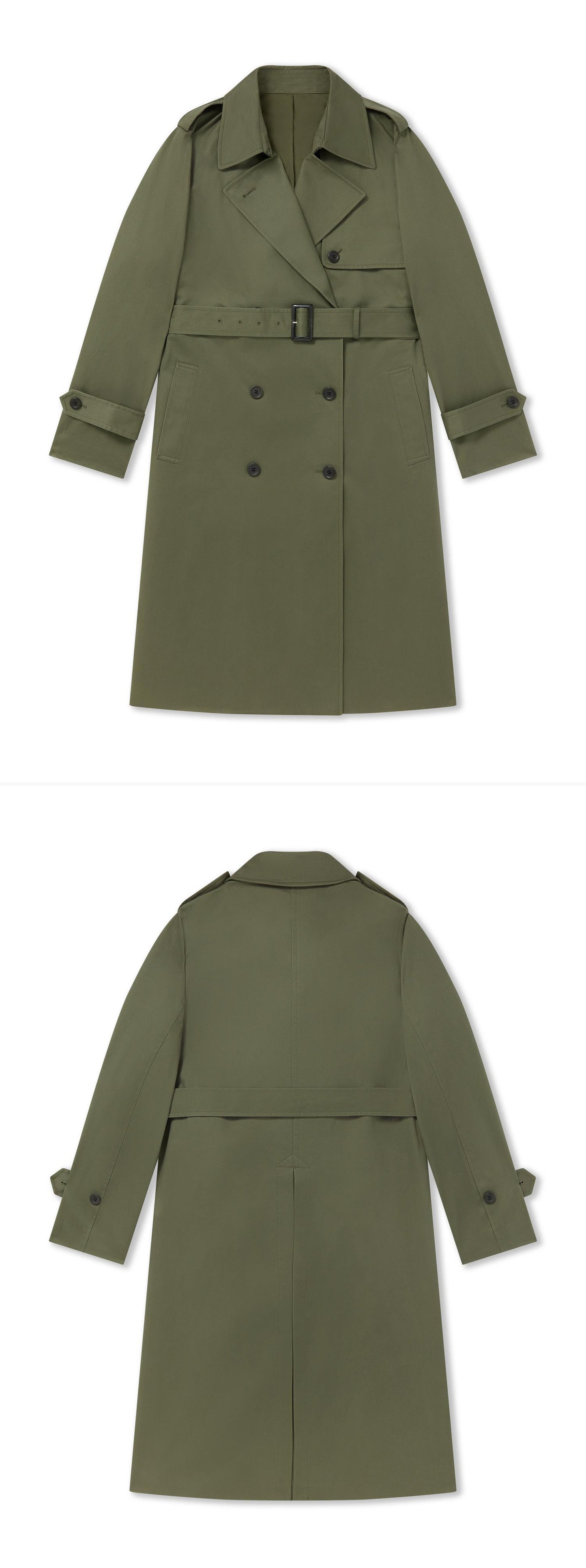 OLIVE_TRENCH_COAT - Flat Lay - 2 x Shots - Front + Back