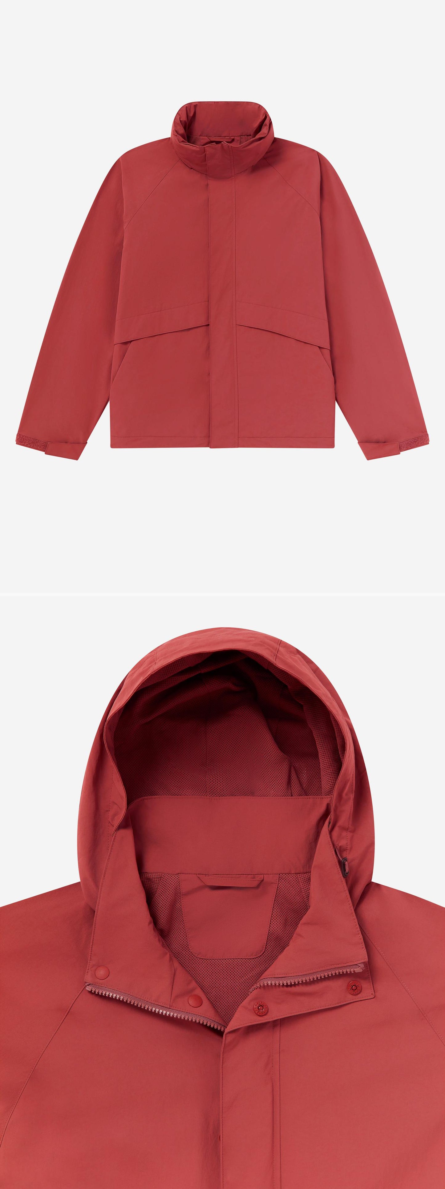 RED_HIGHNECK_JACKET - Flat Lay - 2 x Shots - Front + Detail A
