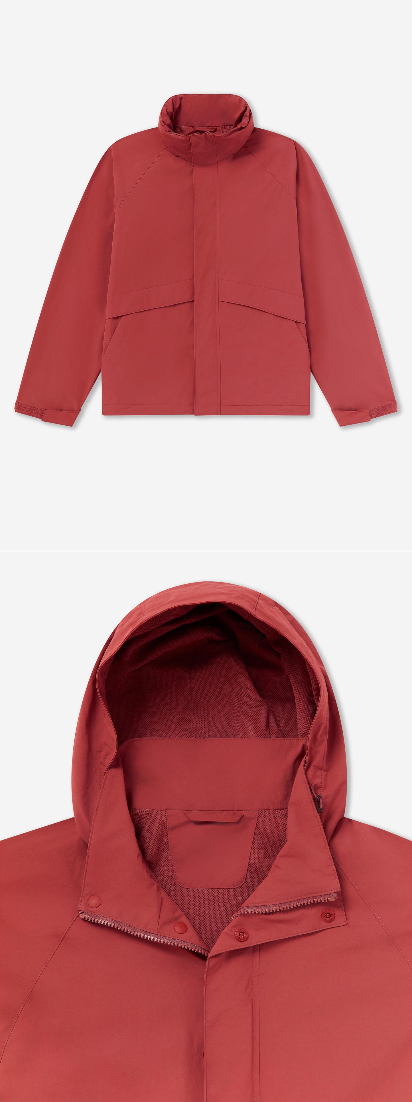 RED_HIGHNECK_JACKET - Flat Lay - 2 x Shots - Front + Detail A