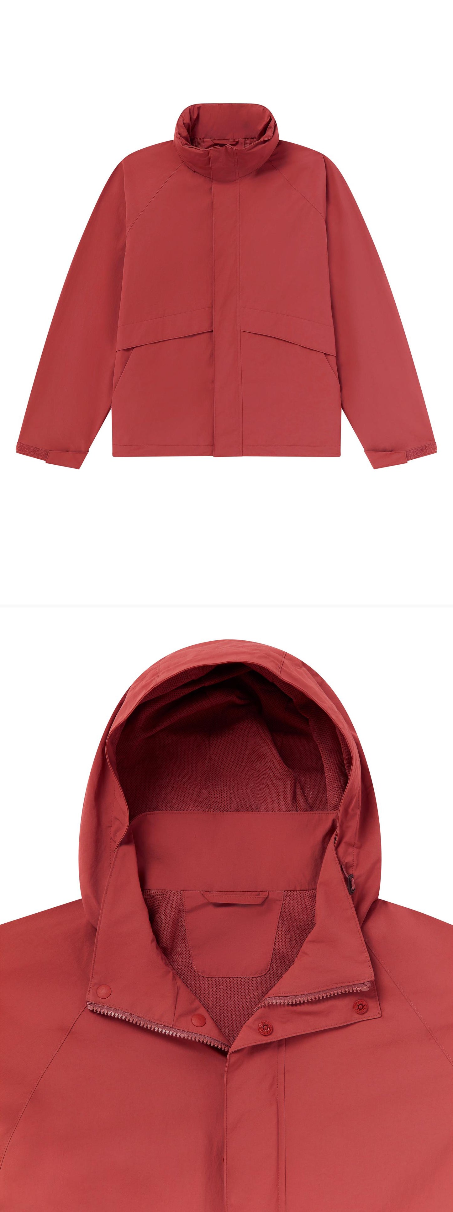 RED_HIGHNECK_JACKET - Flat Lay - 2 x Shots - Front + Detail A