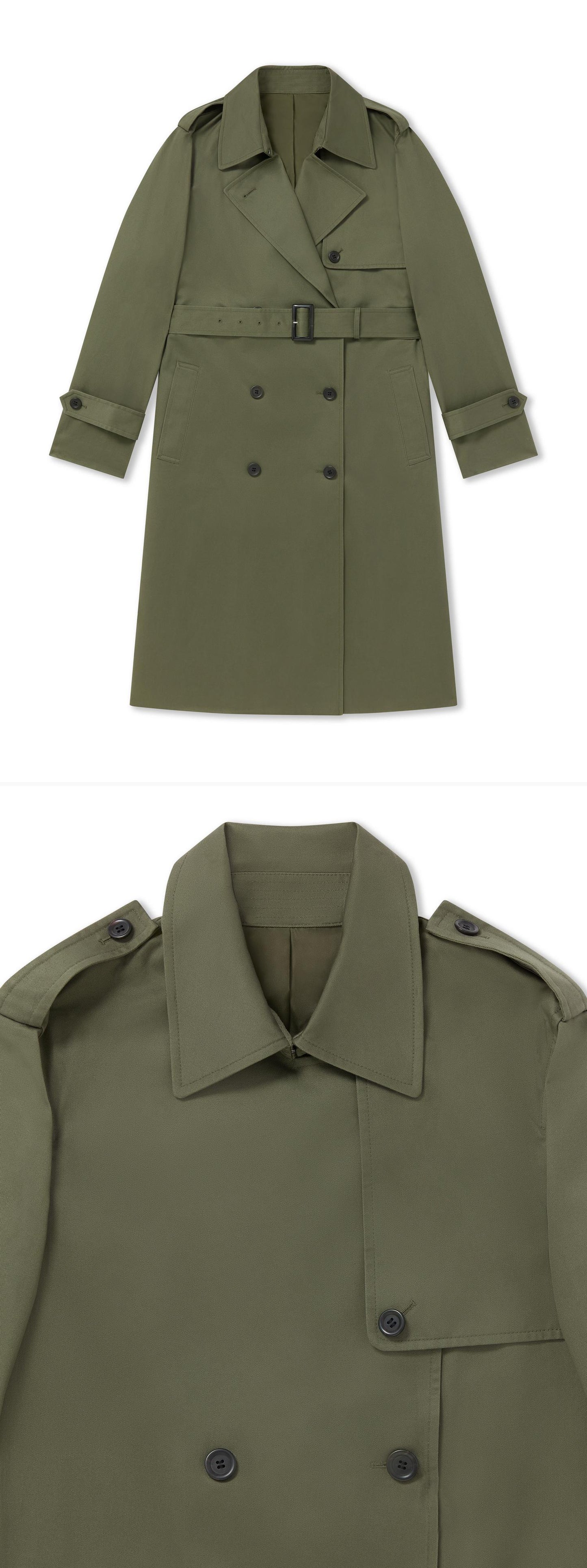 OLIVE_TRENCH_COAT - Flat Lay - 2 x Shots - Front + Detail A