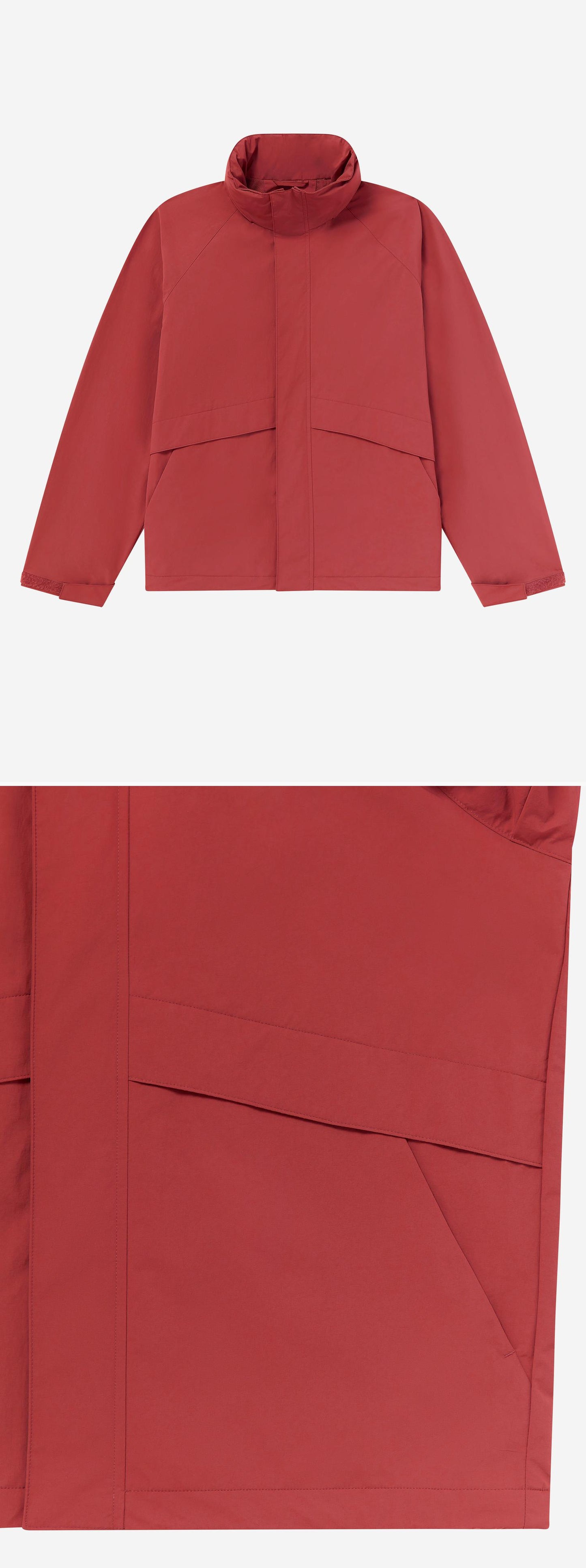 RED_HIGHNECK_JACKET - Flat Lay - 2 x Shots - Front + Detail B