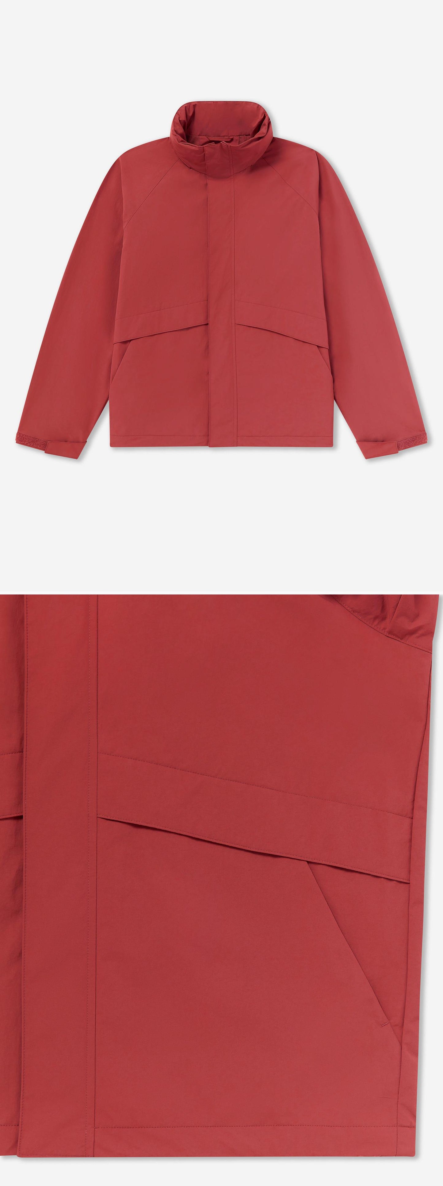 RED_HIGHNECK_JACKET - Flat Lay - 2 x Shots - Front + Detail B