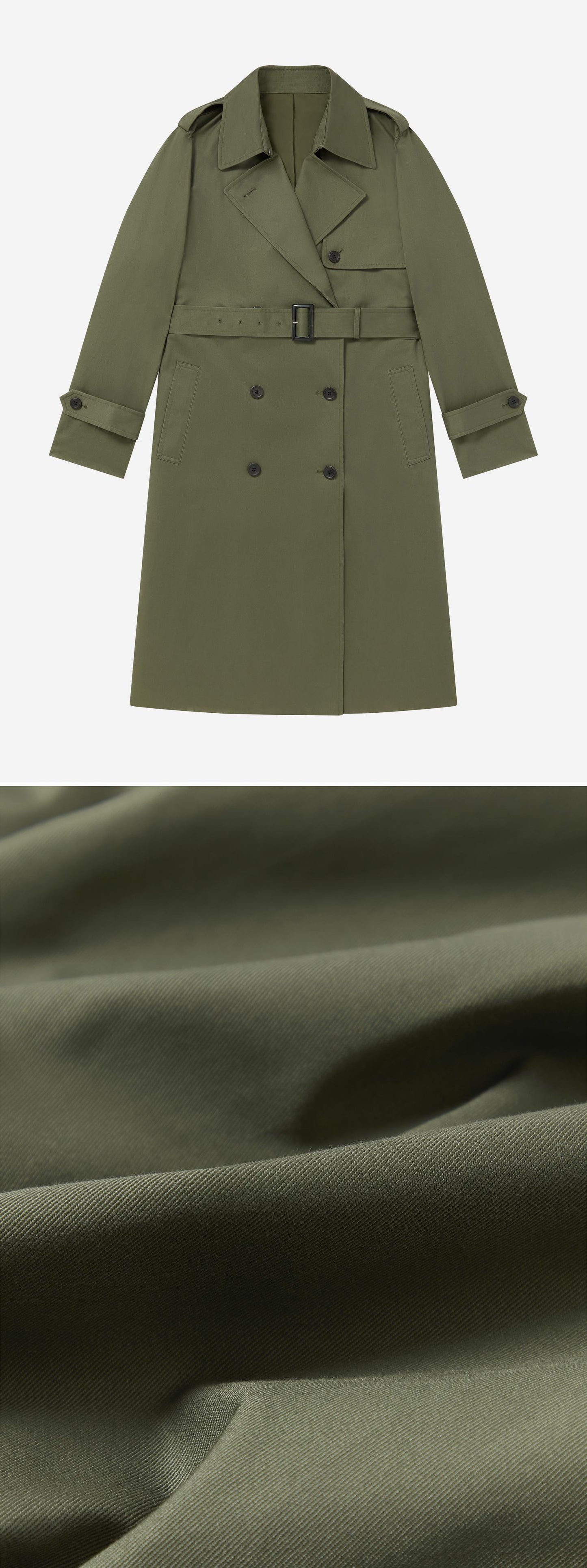 OLIVE_TRENCH_COAT - Flat Lay - 2 x Shots - Front + Detail C