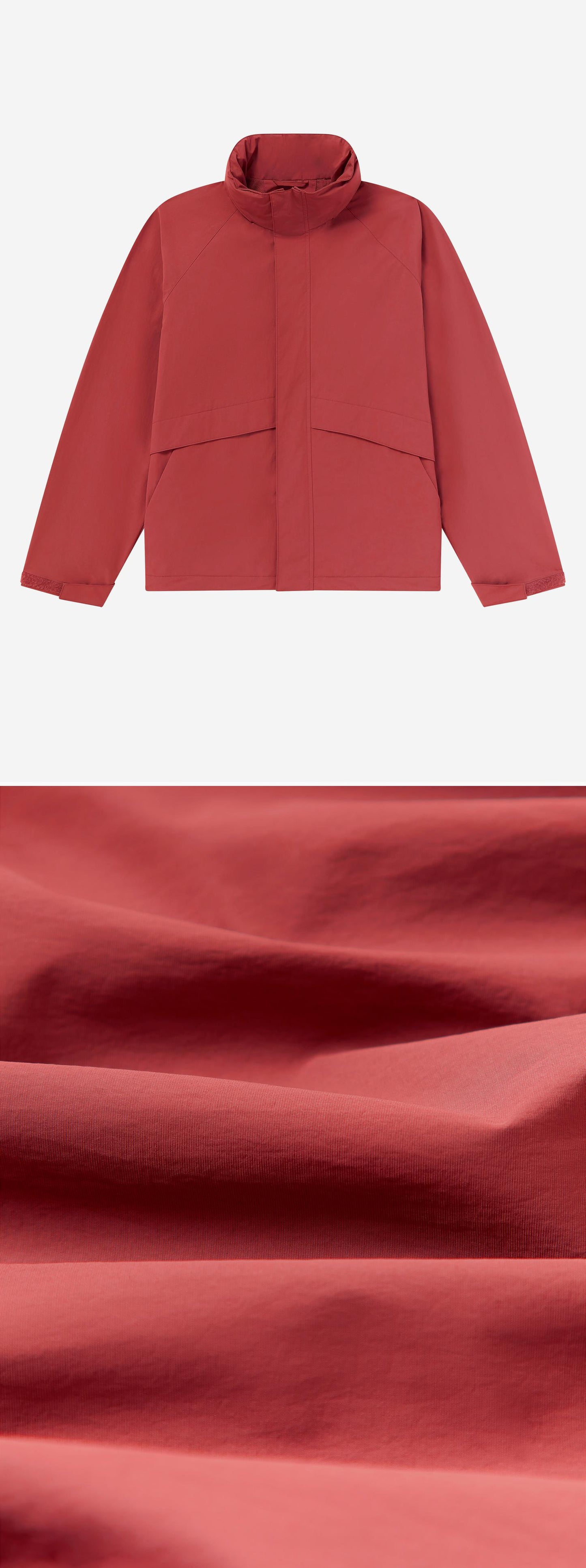 RED_HIGHNECK_JACKET - Flat Lay - 2 x Shots - Front + Detail C