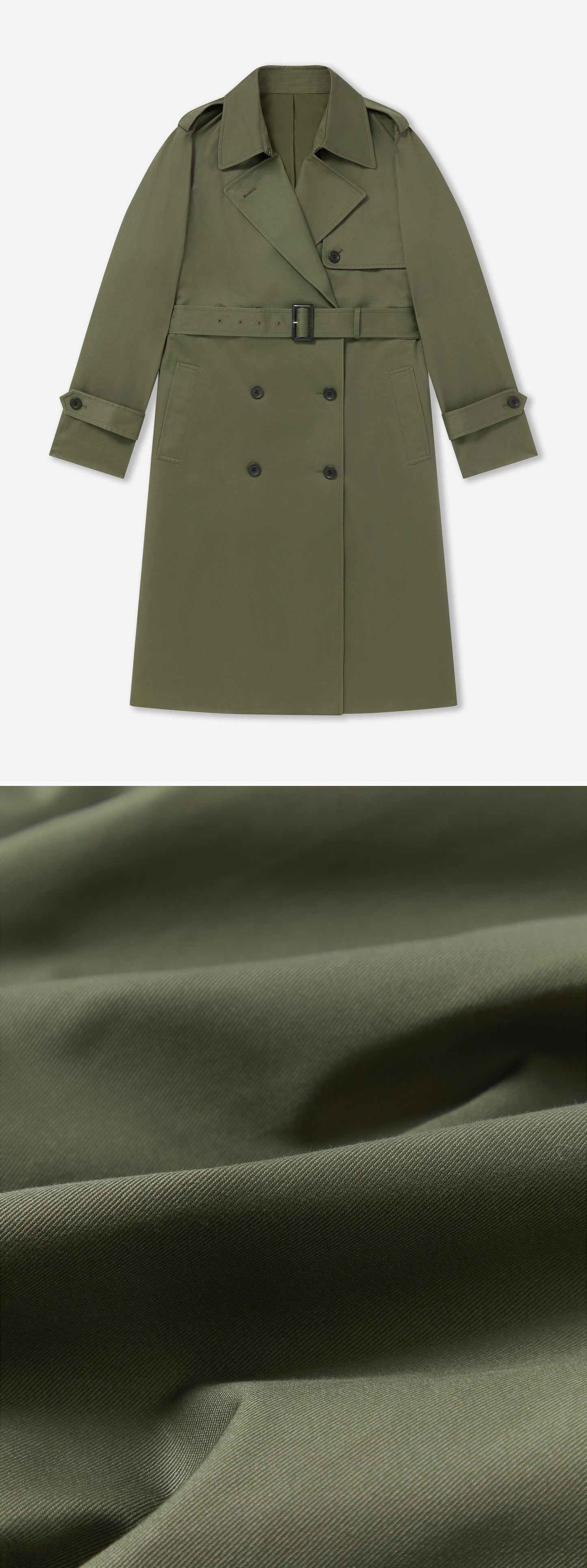 OLIVE_TRENCH_COAT - Flat Lay - 2 x Shots - Front + Detail C