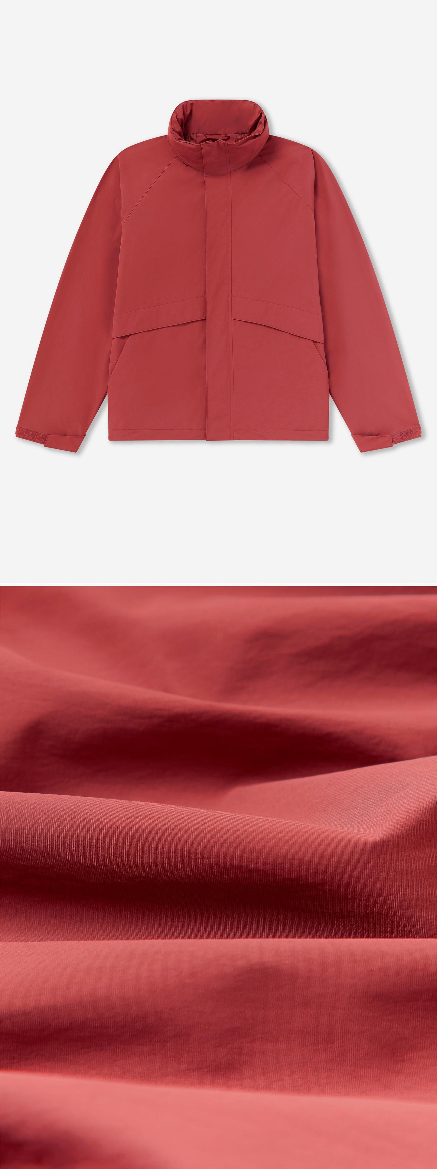 RED_HIGHNECK_JACKET - Flat Lay - 2 x Shots - Front + Detail C