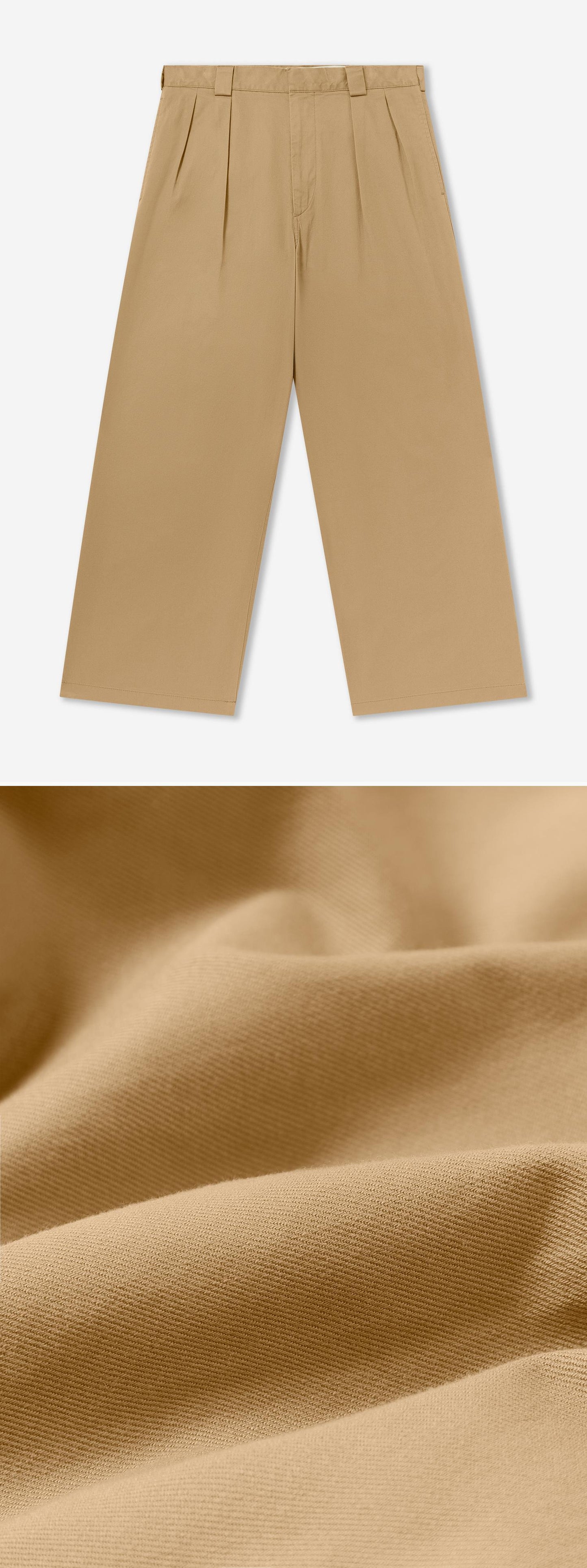 TAN_WIDELEG_TROUSER - Flat Lay - 2 x Shots - Front + Detail C