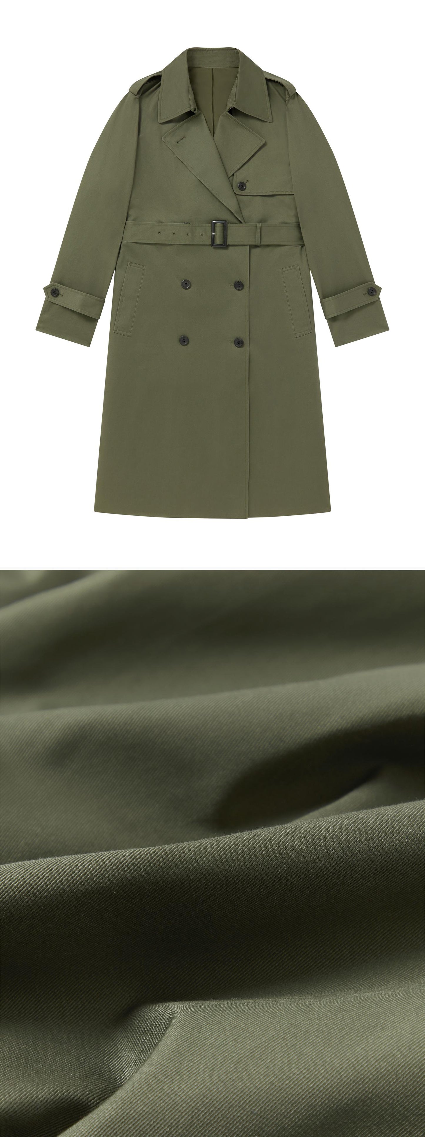 OLIVE_TRENCH_COAT - Flat Lay - 2 x Shots - Front + Detail C