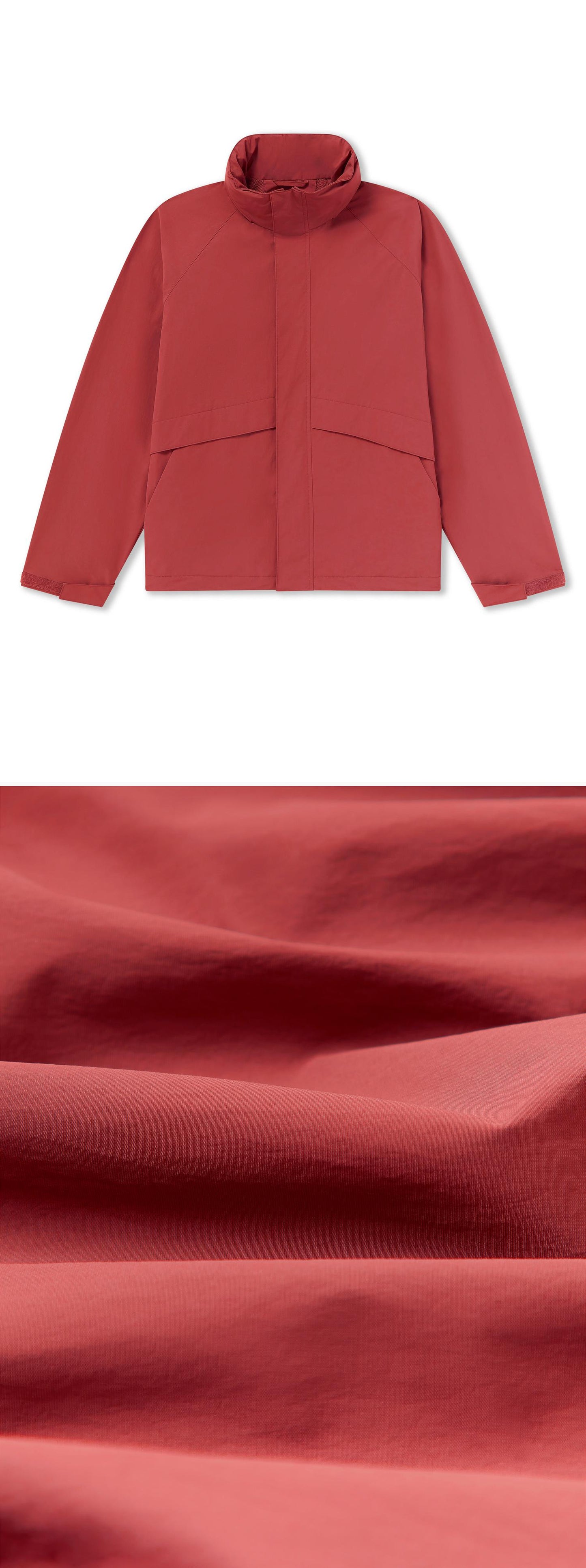 RED_HIGHNECK_JACKET - Flat Lay - 2 x Shots - Front + Detail C