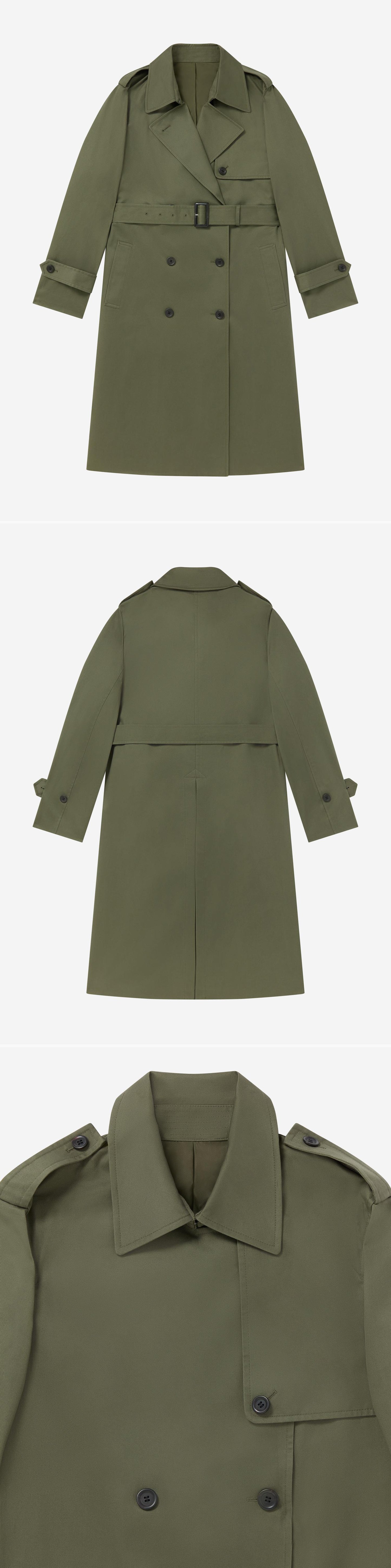 OLIVE_TRENCH_COAT - Flat Lay - 3 x Shots - Front + Back + Detail A
