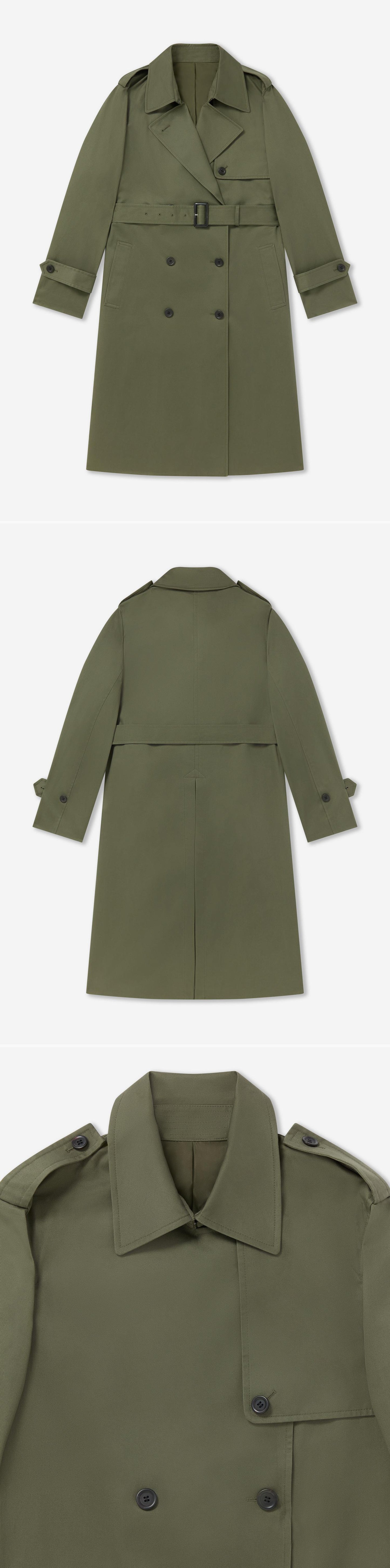 OLIVE_TRENCH_COAT - Flat Lay - 3 x Shots - Front + Back + Detail A