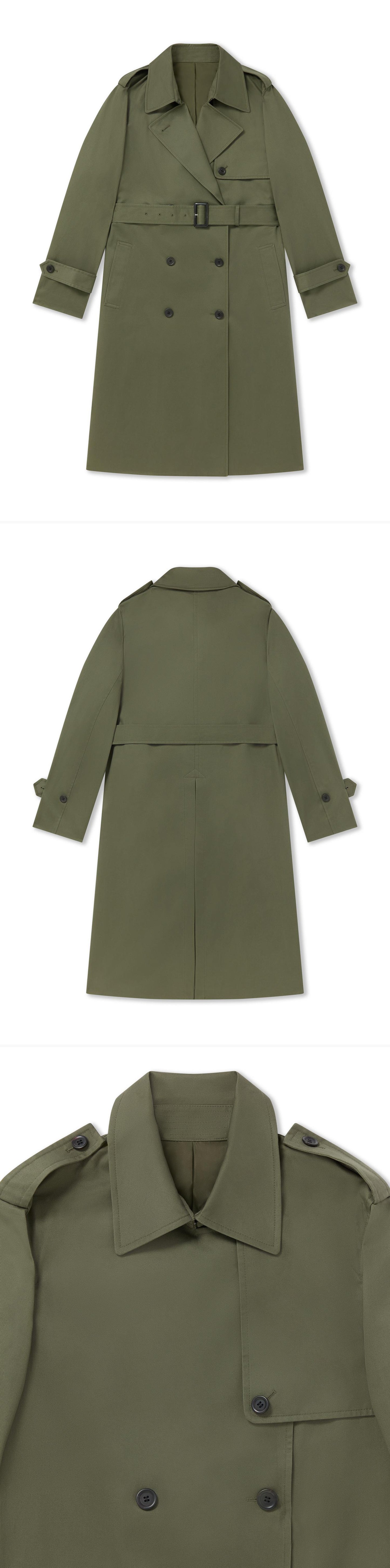 OLIVE_TRENCH_COAT - Flat Lay - 3 x Shots - Front + Back + Detail A