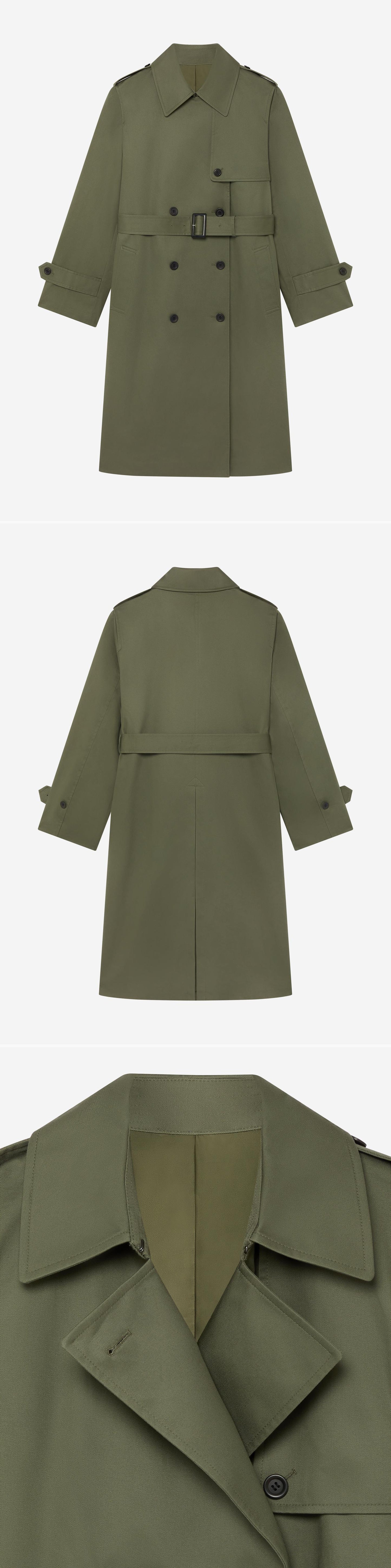 OLIVE_TRENCH_COAT - Hanging - 3 x Shots - Front + Back + Detail A