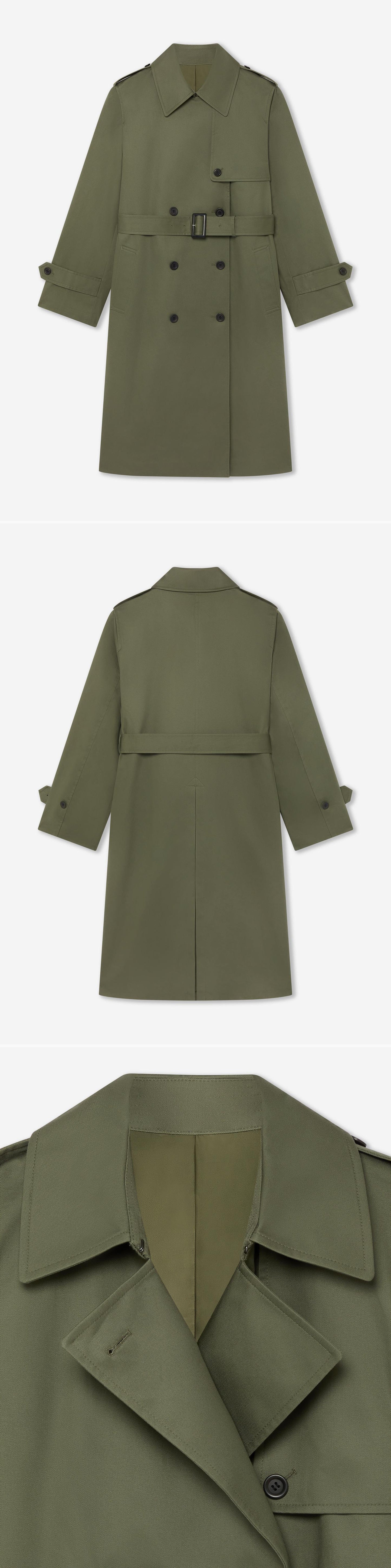 OLIVE_TRENCH_COAT - Hanging - 3 x Shots - Front + Back + Detail A