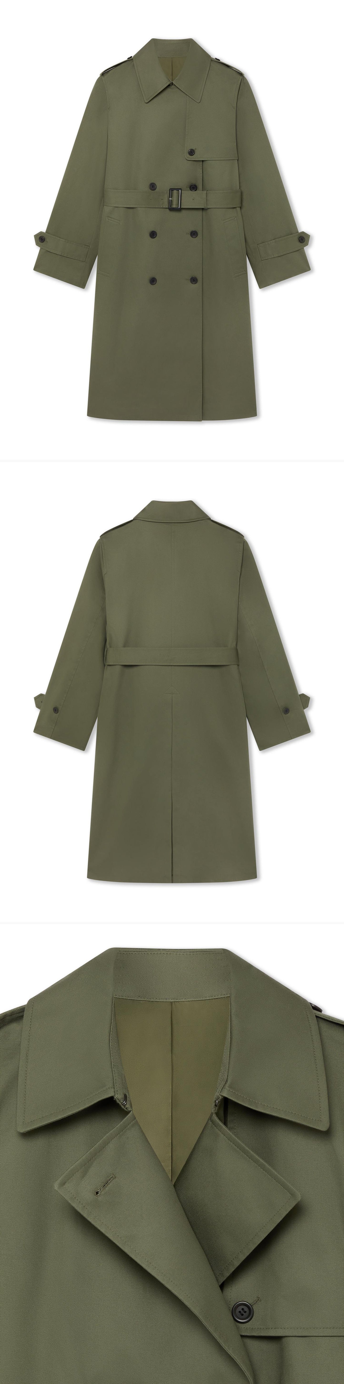 OLIVE_TRENCH_COAT - Hanging - 3 x Shots - Front + Back + Detail A