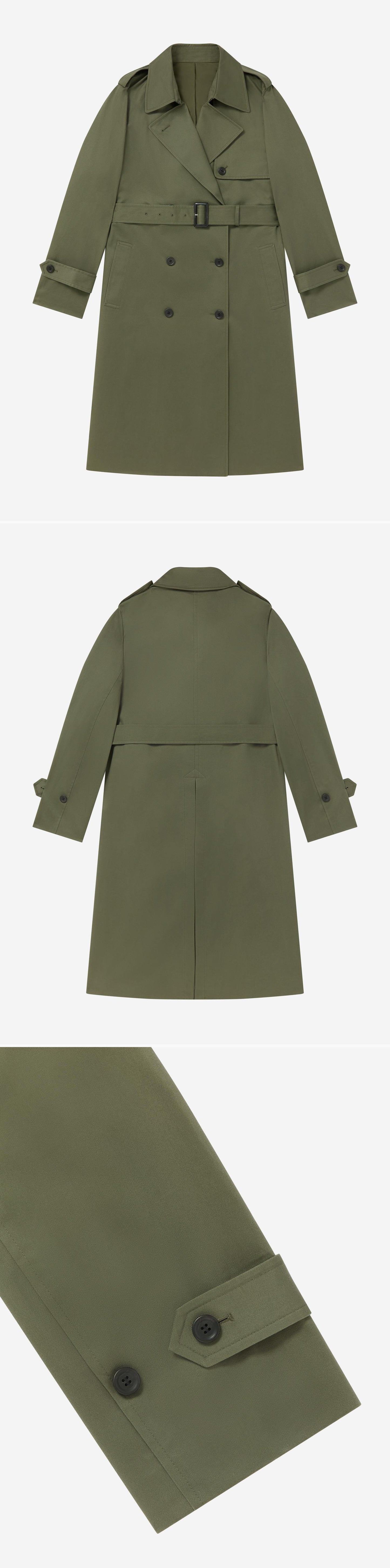 OLIVE_TRENCH_COAT - Flat Lay - 3 x Shots - Front + Back + Detail B