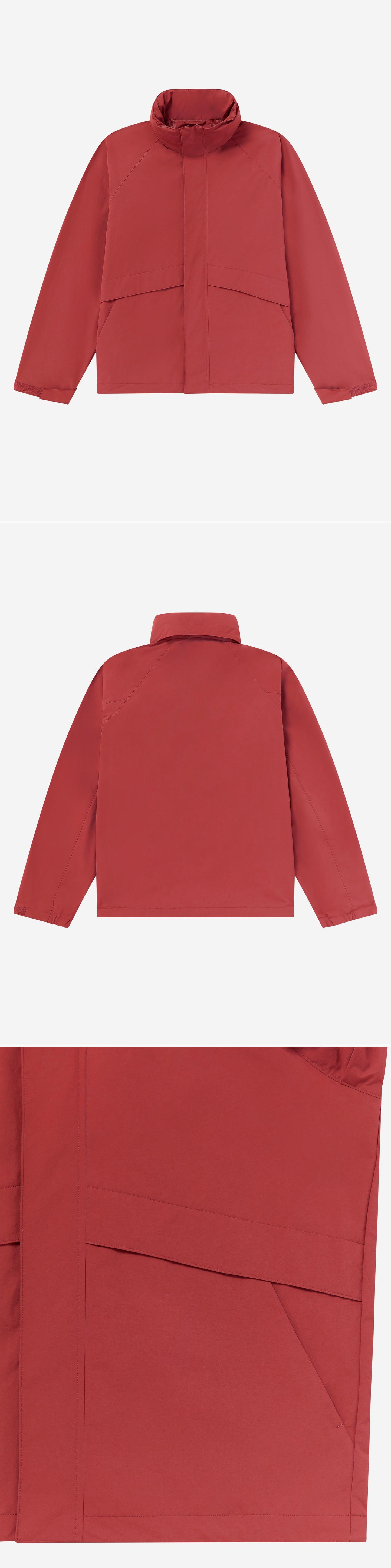 RED_HIGHNECK_JACKET - Flat Lay - 3 x Shots - Front + Back + Detail B