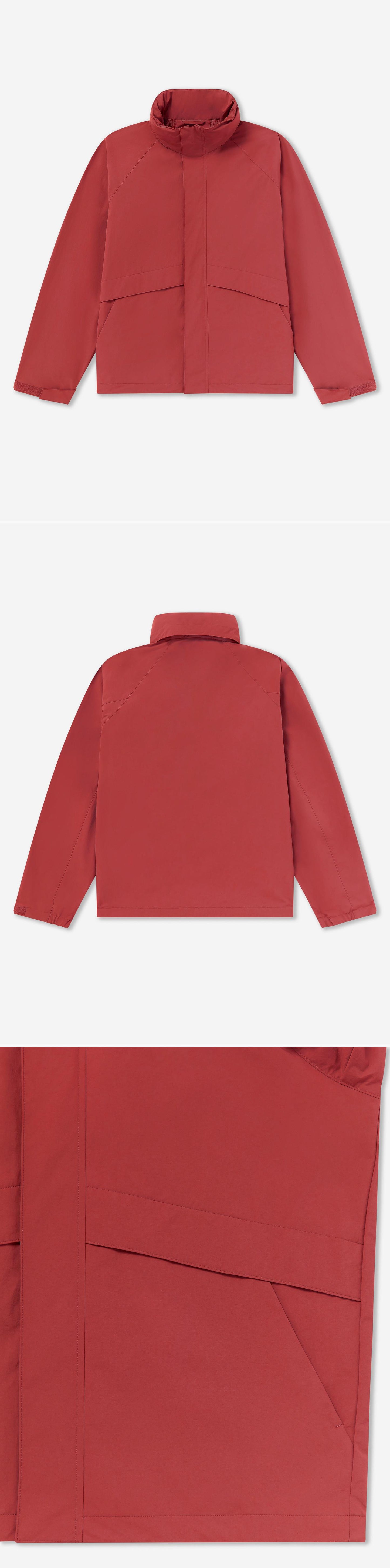 RED_HIGHNECK_JACKET - Flat Lay - 3 x Shots - Front + Back + Detail B