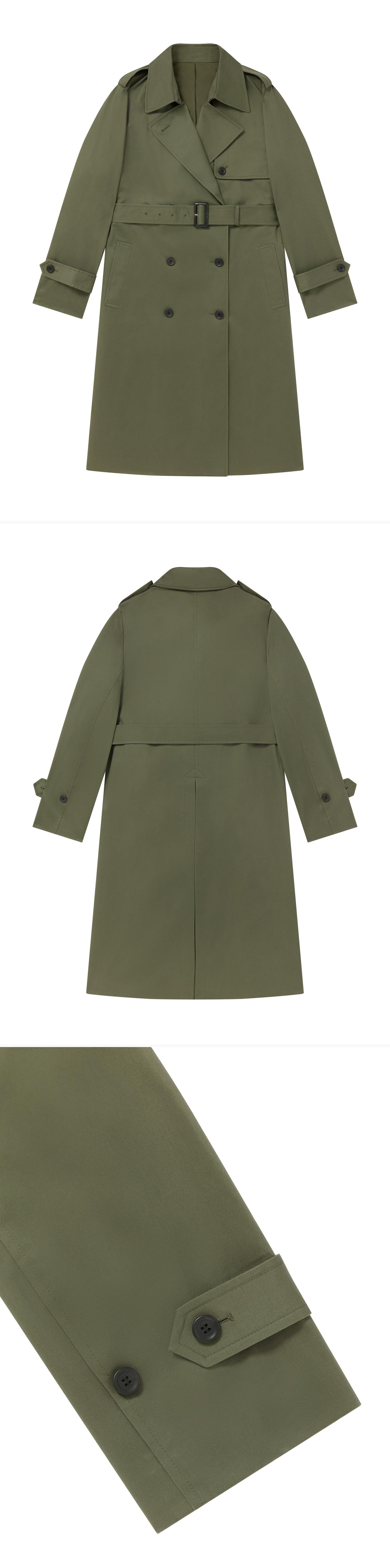 OLIVE_TRENCH_COAT - Flat Lay - 3 x Shots - Front + Back + Detail B